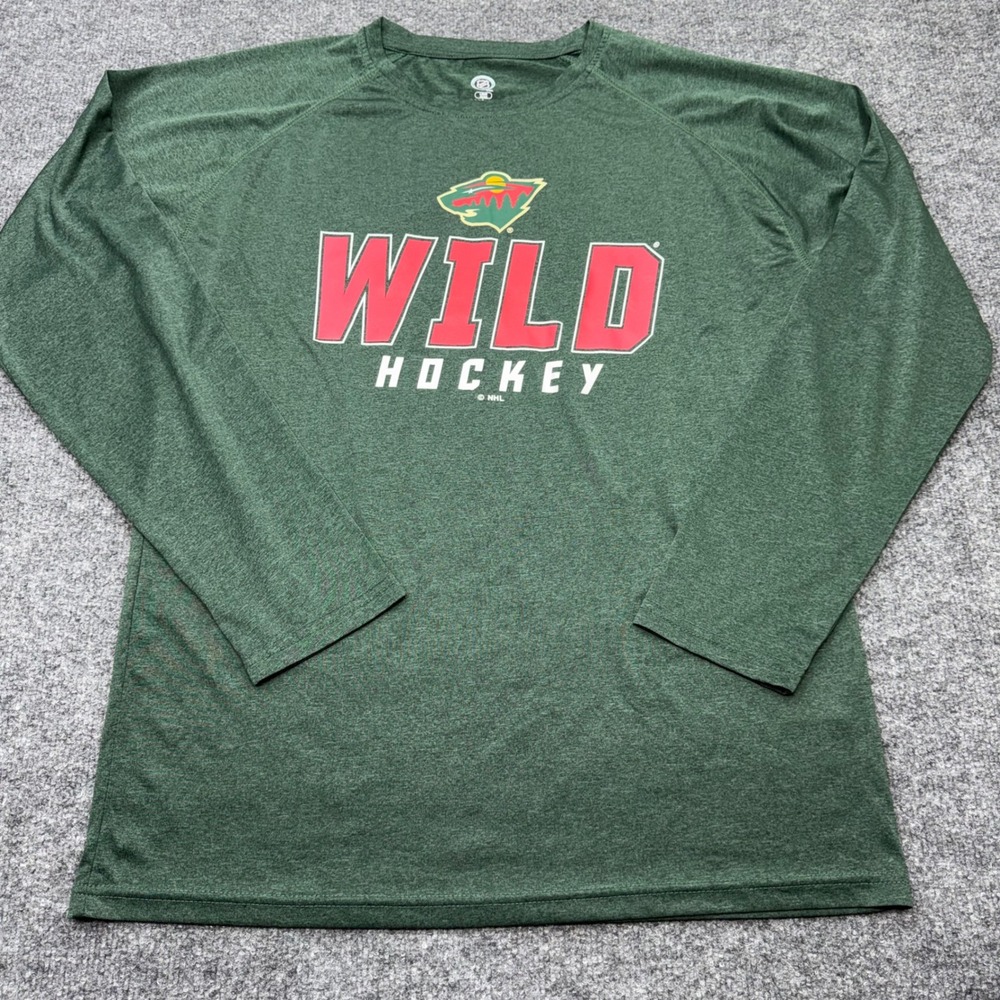 NHL Minnesota Wild Mens Large Long Sleeve Performance Shirt Green Hockey Tee